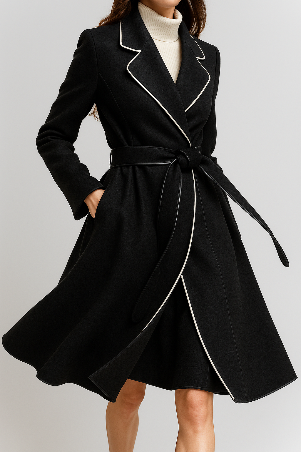 Women’s Wool Belted Coat – Elegant Tailored Wrap Overcoat for Autumn & Winter