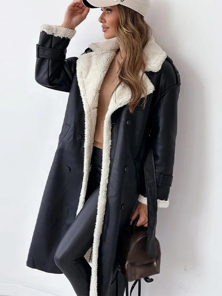 Women’s Shearling-Lined Faux Leather Coat – Long Warm Winter Jacket