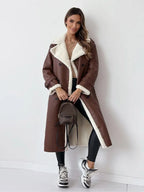 Women’s Shearling-Lined Faux Leather Coat – Long Warm Winter Jacket