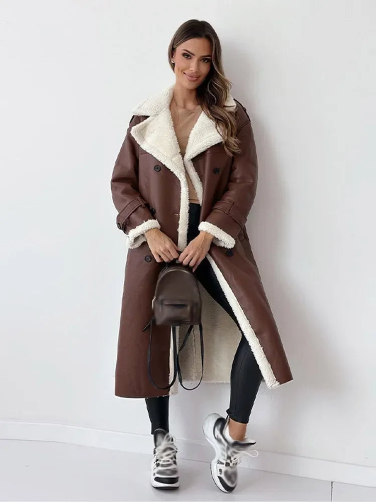 Women’s Shearling-Lined Faux Leather Coat – Long Warm Winter Jacket