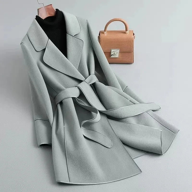 Women’s Wool Belted Coat – Elegant Tailored Wrap Overcoat for Autumn & Winter