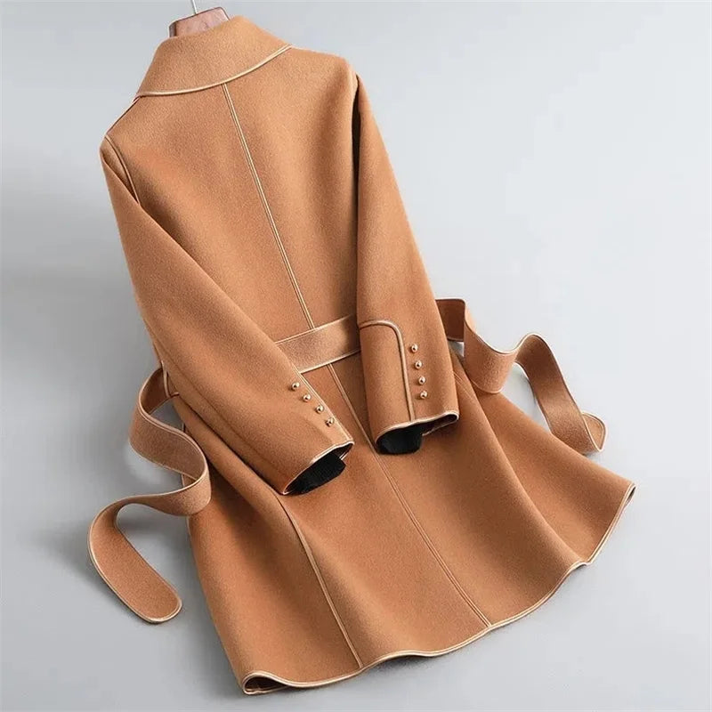 Women’s Wool Belted Coat – Elegant Tailored Wrap Overcoat for Autumn & Winter