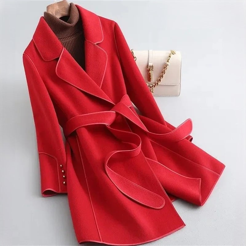 Women’s Wool Belted Coat – Elegant Tailored Wrap Overcoat for Autumn & Winter
