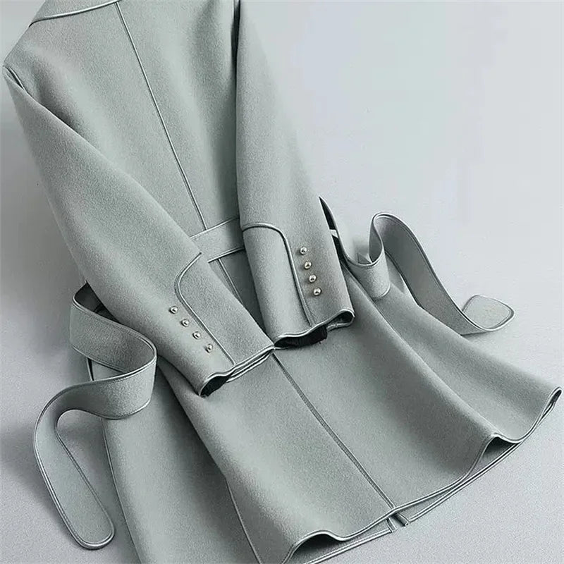 Women’s Wool Belted Coat – Elegant Tailored Wrap Overcoat for Autumn & Winter