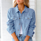 Stylish Denim Jacket Women with Turn-Down Collar – Durable Cotton and Polyester Blend for Casual Looks 2